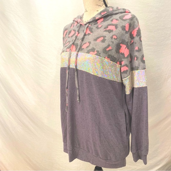 Sequin Embellished Pink and Gray Animal Print Attached Hood Sweatshirt NWT S - Picture 9 of 13